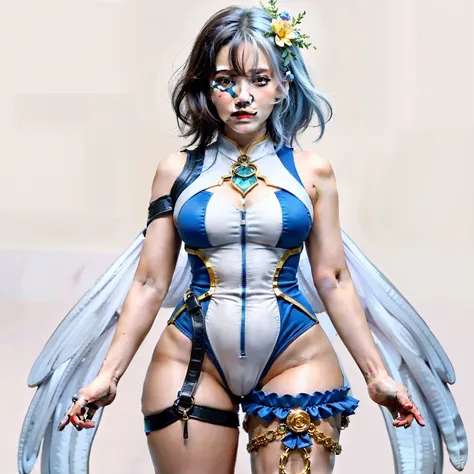 a woman in a blue and white outfit, pixie character , knights of zodiac girl, fullbody, full body portrait of a short!, insect trainer girl, blue elf, realistic woman; full body art, elf girl, full body adoptable, , elf with blue skin, Olho grande、thicker ...