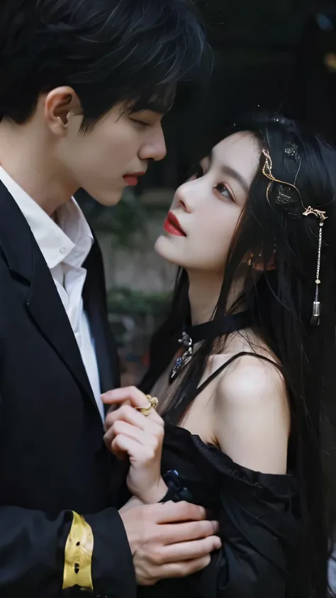 Araffa a un hombre y una mujer con un vestido negro., cai xukun, Fantasy fairy tale, ruan jia and brom, por Ye Xin, xianxia, shaxi, 8k)), Photoshoot, Yanjun Chengt, Inspirado por Zhang Han, zmonzheng, roberto ferri y ruan jia, por Ni Tian, tumblr