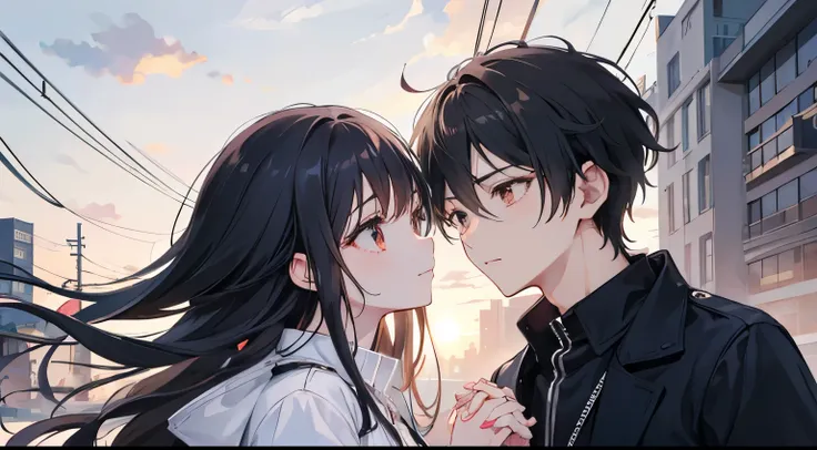 an anime artist has created a beautiful portrait of a young man and woman holding hands, 1boy, outdoors, 1girl, power lines, holding hands, long hair, black hair, shirt, jacket, building, belt, dress, pants, perfect detail face, brown eyes, The two stared ...