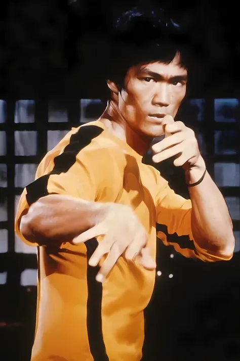 a close-up of a person in a yellow shirt and a fist, Bruce Lee, portrait of Bruce Lee, Enter the Dragon 1973, en pose de pelea, in an action pose, in fighting position, Jackie Chan, with Bruce Lee, kung-fu, haciendo una pose, Kung Fu movie from the 60s, ku...