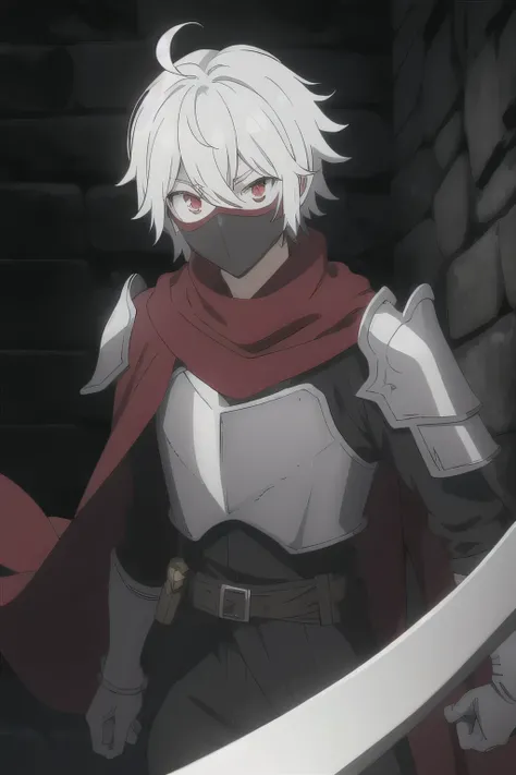 bell cranell, masterpiece, best quality, cinematic, 2d, anime, a legendary hero from dungeon ni deai wo motomeru no wa machigatteiru darou ka world, 1boy, white hair, red eyes, short hair, helm, red cape, covered face, mask, headpiece, armor, plume, male f...