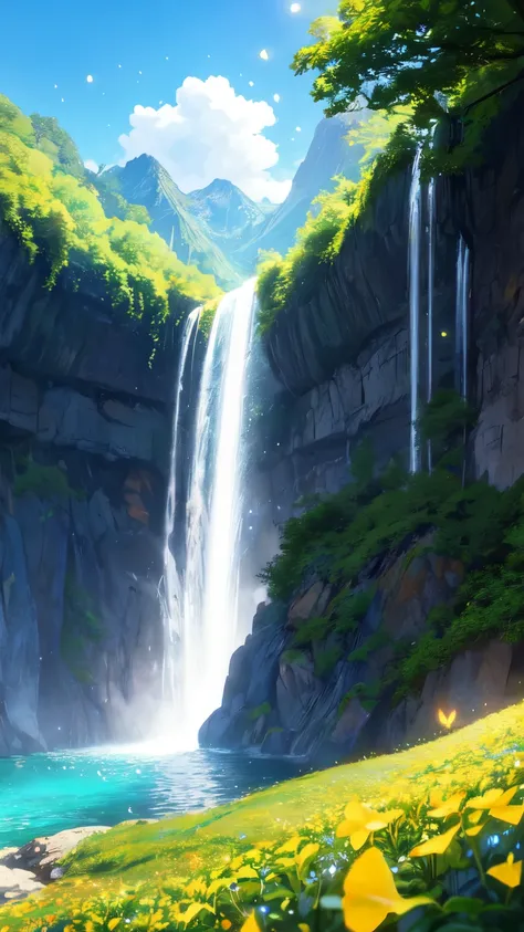 anime inspired greenery alps with bright blue sky and bright sun with waterfalls(glowing fireflies and butterfiles )(greenery view)(bright blue shinning sky)(night view)(borkeh effect)