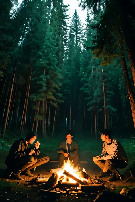 Create an invisible monster lurking near a campfire in a dense forest that is surrounded by four people at night.