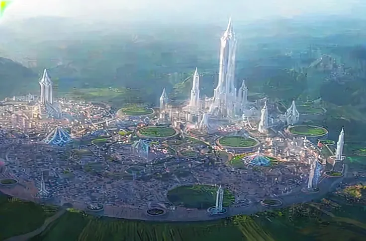 ciudad de arafed en medio de un gran campo abierto, ciudad valhalla grande y estructurada, Ancient Sci-Fi City, Elven City, enorme ciudad templo futurista, an ciudad extraterrestre, fantasy capital city, in a science fiction and fantasy city, otra ciudad f...