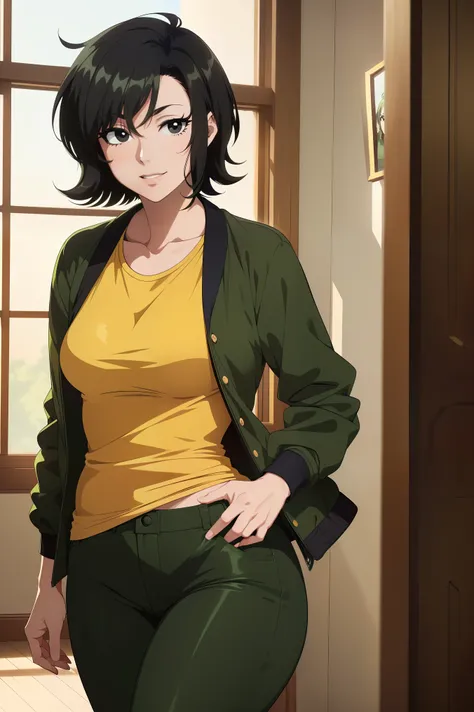 (masterpiece, best quality:1.4), illustration, 8k, ((anime style)),perfect lighting,1 mature female, mature looking, beautiful face, happy, ((dark yellow T-shirt, dark green jacket, dark green pants)), (short hair, messy hair, hair over left eye), (((black...