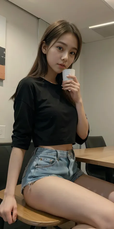 there is a woman sitting at a table eating food with a spoon, young and cute girl, sexy girl wearing shorts, good young girl, photo of slim girl, korean girl, mukbang, wearing tight simple clothes, 2 8 years old, trending at cgstation, 2 9 years old, 19-ye...