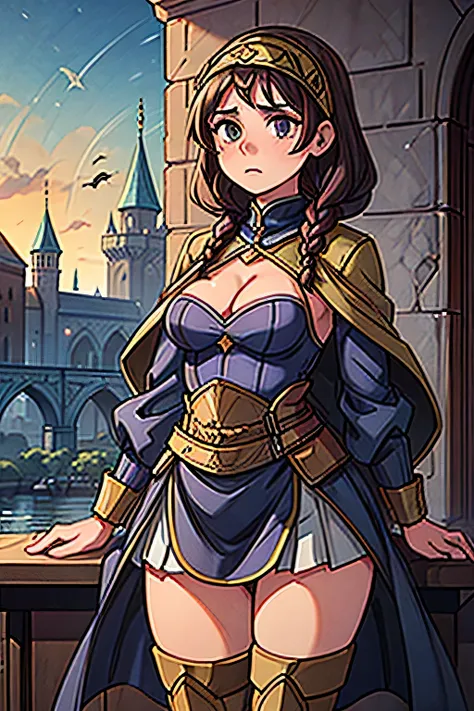 1 female, Medival, Muslim, standing, no hijab, short girl, grumpy look, cleavage, small waist, thick thighs. Brunette, braided, masterpiece, medieval Muslim castle background.