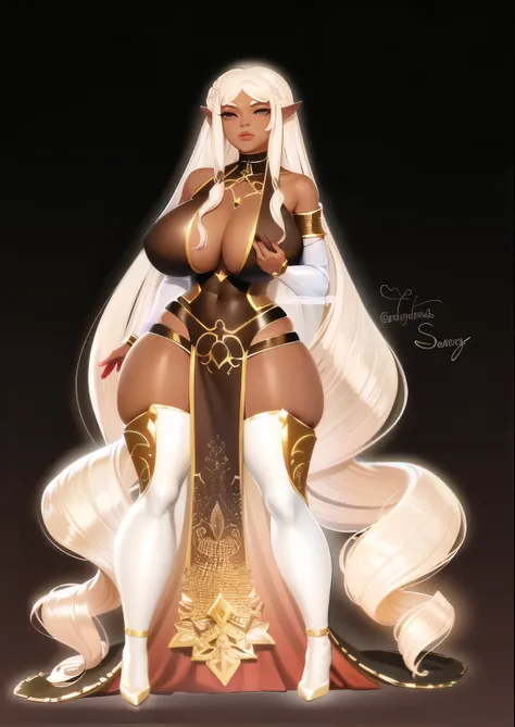 a cartoon picture of a woman with long white hair and a dress, fullbody commission for, ((a beautiful fantasy empress)), inspired by Master of the Legend of Saint Lucy, commission for high res, oc commission, dressed like a cleric, dark skin female goddess...