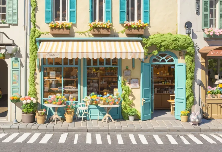 there is a small car parked outside of a cafe, miniature cafe diorama, flower shop for mice, flower shop,flower shop for felted animals, paris cafe, cute flower shop, cozy flower shop background, ghibli studio style, studio ghibli sunlight, photorealistic ...