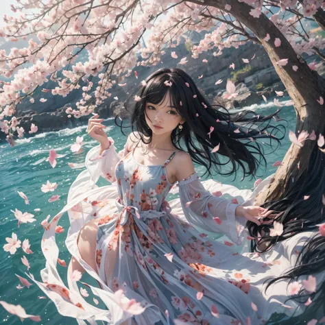 1girl,black hair, floating hair, seaside,scenery,landscape,cherry blossoms, falling petals, sunbeam,god rays,upper body,  dress, jenya.d