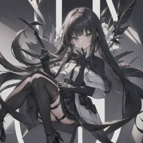 ((masterpiece)),(best quality),official art,extremely detailed CG,unity 8k wallpaper,ultra detailed,1girl,solo,upper body,(portrait:1.2),very_long_hair,black_hair,black_thighhighs,looking_at_viewer,garter_straps,black_eyes,smile,bangs,black_footwear,high_h...