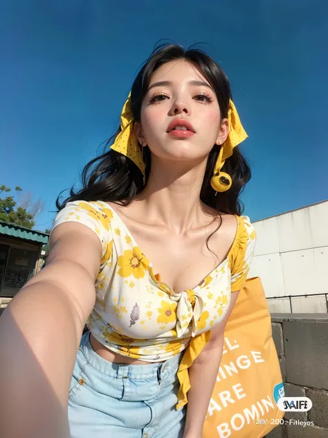 arafa woman taking a selfie with a bag in her hand, vestindo top amarelo, vestindo blusa floral amarela, Roupas amarelas, cabelo ondulado tema amarelo, 1950s vibes, Aesthetics of the 5 0, selfie de uma jovem, com panos amarelos, Ulzzang, brilhante e ensola...