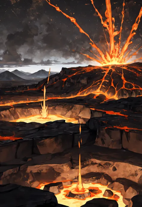 A scene of a inside of a active volcano spewing lava everywhere, viewed from a cliff