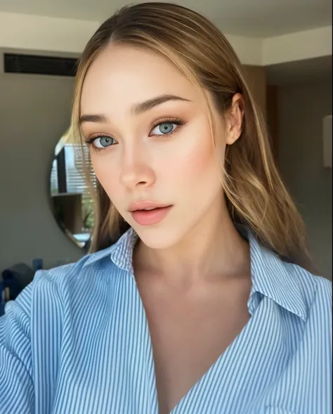 a woman with long hair and a blue shirt looking at the camera, cara sexy con maquillaje completo, sydney sweeney, imagen filtrad...