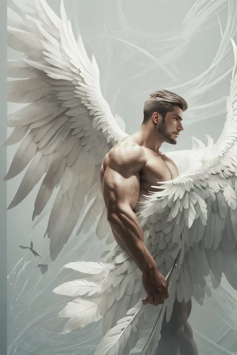 a beautiful handsome man, muscular, naked, large white feathers drifting down, winged arms, a fallen angel, full body image, low angle view