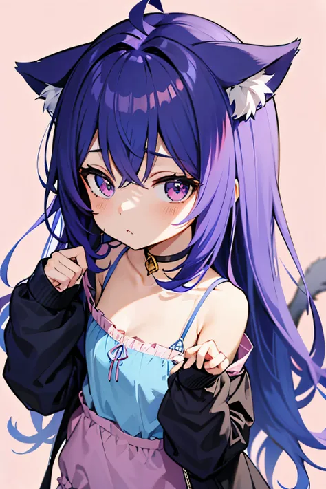 anime cat girl hair blue and pink, with purple background with simple clothes