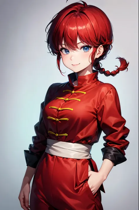 (masterpiece, best quality:1.2), expressive eyes, perfect face, highres, 1girl, solo, femaleranma, braided ponytail, chinese clothes, tangzhuang, black pants, smiling, hands on hips, standing, upper body, looking at the viewer