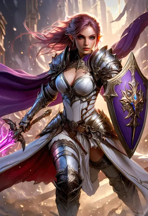 a picture of a female elf (intense details, Masterpiece, best quality: 1.5) fantasy swashbuckler, fantasy fencer, armed with a slim sword, shinning sword, metallic shine, colorful clothes, dynamic clothing, an ultra wide shot, full body (intense details, M...