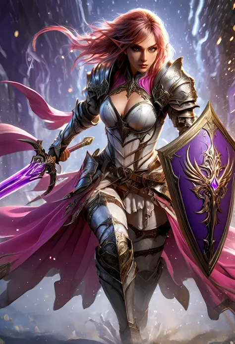 a picture of a female elf (intense details, Masterpiece, best quality: 1.5) fantasy swashbuckler, fantasy fencer, armed with a slim sword, shinning sword, metallic shine, colorful clothes, dynamic clothing, an ultra wide shot, full body (intense details, M...