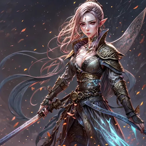 a picture of a female elf (intense details, Masterpiece, best quality: 1.5) fantasy swashbuckler, fantasy fencer, armed with a slim sword, shinning sword, metallic shine, colorful clothes, dynamic clothing, an ultra wide shot, full body (intense details, M...