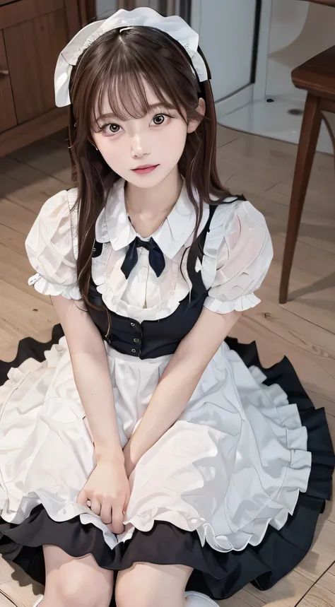 Tabletop, highest quality, figure, Very detailed, In detail, High resolution, 8k wallpaper, Perfect dynamic composition, ((close:1.3, From above, View your viewers)), Beautiful fine details , (Wearing a cotton maid outfit, , Cute Ruffle Girl Dress, Maids h...