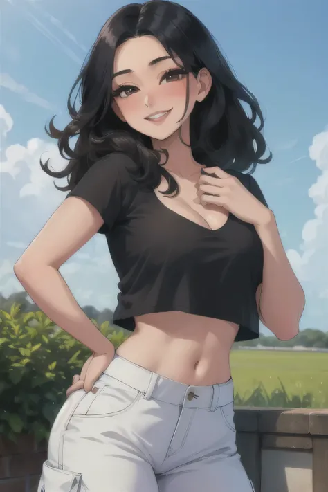 Amazing portrait of a sexy woman wearing her long straight luscious black hair, seductively gazing and smiling, soft lips, parted, blushing intensely, smiling, olive green crop top, white cargo pants, white shirt, medium chest, cleavage, perfect body