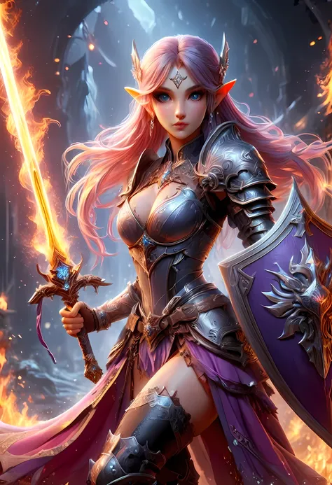 a picture of a female elf (intense details, Masterpiece, best quality: 1.5) fantasy swashbuckler, fantasy fencer, armed with a slim sword, shinning sword, metallic shine, colorful clothes, dynamic clothing, an ultra wide shot, full body (intense details, M...