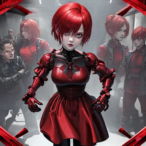 Resident evil kid red queen a red artificial intelligence hologram with a polite and kind appearance who commands an evil organization of soldier-like agents 