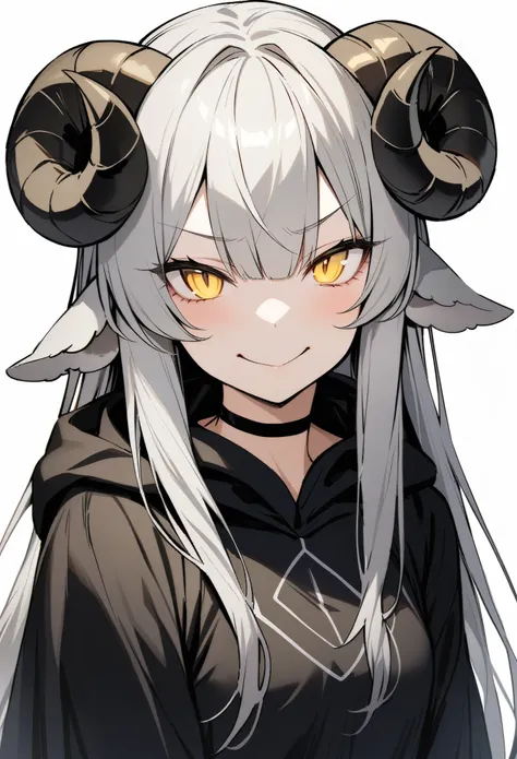 (score_9, score_8_up, score_7_up), 1girl, solo, (sheep horns, curled horns, black horns), (white sheep ears), white hair, long h...