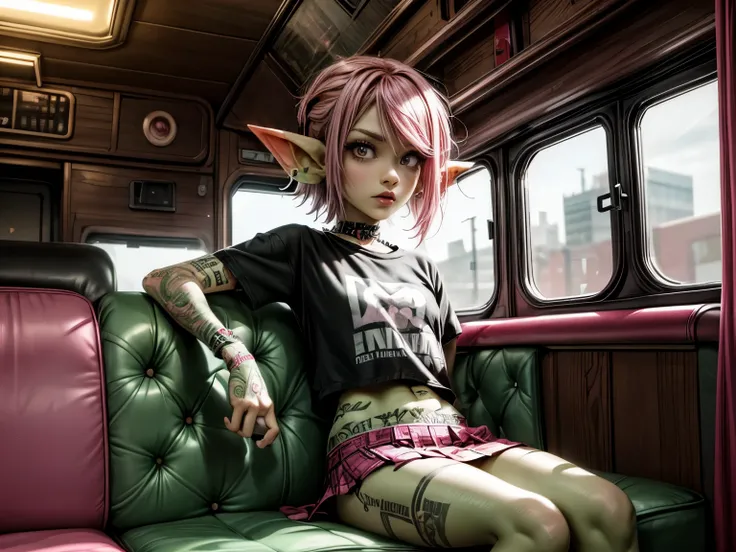 absurd resolution, ((best quality)), ((masterpiece)), (very detailed), 4k, goblin girl, hardcore punk rocker, pink hair, cropped shirt, red punk skirt, pink eye makeup, ripped fishnets, green skin, small pointy ears, nose piercing, sitting inside a tour bu...