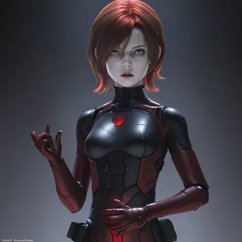 Resident evil kid red queen a red artificial intelligence hologram with a polite and kind appearance who commands an evil organization of soldier-like agents 