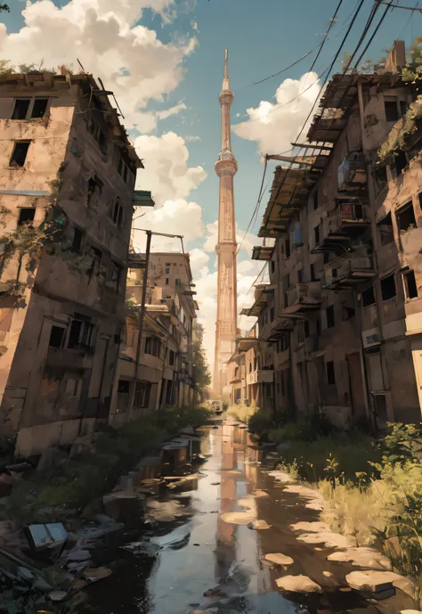 A scene of a abandoned city taken over by nature, viewed from a skyscraper