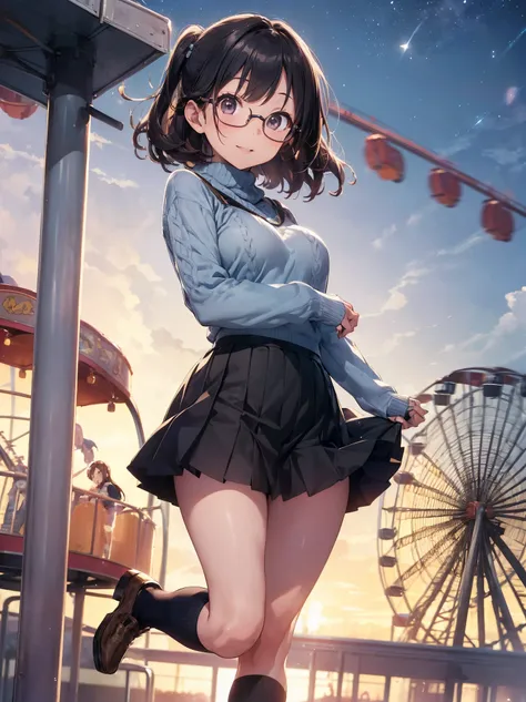 Yuriko did it (A million people live), 1 girl, alone, pretty girl, highest quality, Very detailed, 8k, High resolution, Detailed face, bob hair, smile, enjoy, Mouth open, ((Wear glasses, Blue sweater, argyle sweater, Short sleeve, Puffy sleeves, Grey Skirt...