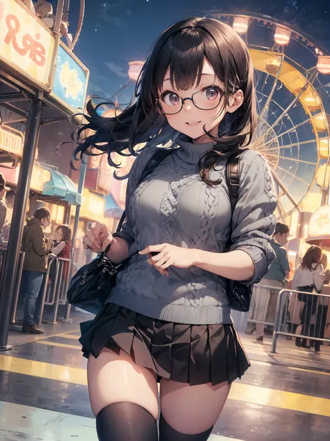 Yuriko did it (A million people live), 1 girl, alone, pretty girl, highest quality, Very detailed, 8k, High resolution, Detailed face, bob hair, smile, enjoy, Mouth open, ((Wear glasses, Blue sweater, argyle sweater, Short sleeve, Puffy sleeves, Grey Skirt...