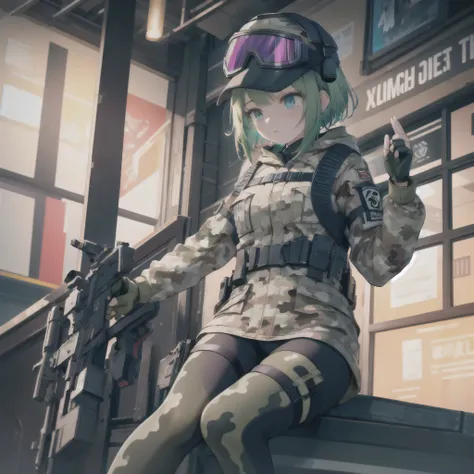 ((masterpiece)),(best quality),official art,extremely detailed CG,unity 8k wallpaper,ultra detailed,1girl,solo,ela, jacket, leggings, latex legwear, fingerless gloves, military uniform, camouflage, baseball cap, goggles on headwear,
1girl, solo, handgun, s...