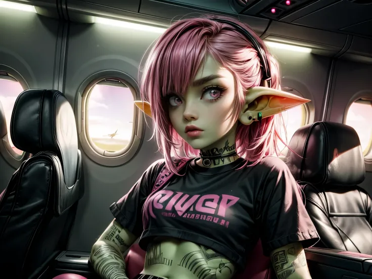 absurd resolution, ((best quality)), ((masterpiece)), (very detailed), 4k, goblin girl, hardcore punk rocker, pink hair, cropped shirt, red punk skirt, pink eye makeup, ripped fishnets, green skin, small pointy ears, nose piercing, sitting in a first class...