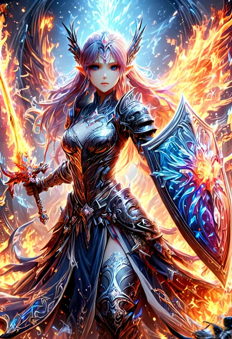 a picture of a female elf (intense details, Masterpiece, best quality: 1.5) fantasy swashbuckler, fantasy fencer, armed with a slim sword, shinning sword, metallic shine, colorful clothes, dynamic clothing, an ultra wide shot, full body (intense details, M...