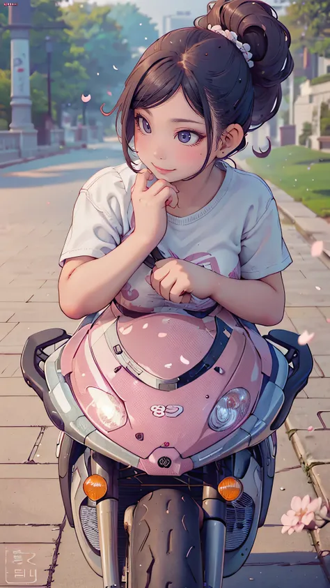 (girl riding a motorcycle:1.2),A park where cherry blossoms dance,high school girl,(random cute pose),(random hairstyle),(Highest image quality,(8K), Ultra-realistic, Best Quality, High quality, High Definition, high quality texture, high detailing, Beauti...