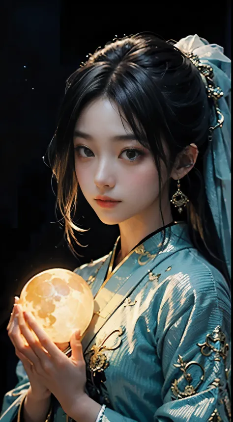 In the style of anime, A mysterious young woman holds a glowing moon, (((1 girl))), Cast a soft glow, ethereal glow upon her flawless features. The setting is a silent, moonlit forest and her attire is an ornate fusion of traditional Asian culture and futu...