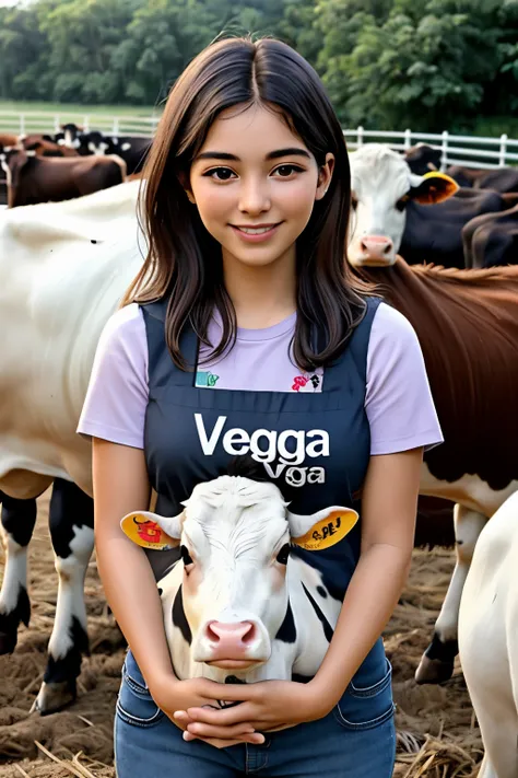   mujer joven y sonriente con una camisa que lleva impresa la frase "Soy vegana". Her face reflects warmth and empathy as she tenderly hugs a baby cow and is surrounded by more cows.
 