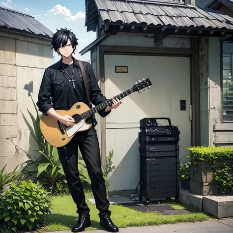 a man with black hair, on the porch of a modern house, wearing casual clothes, moss green military pants, black shirt, black hair, silver eyes, playing the guitar, daytime sky, serious face, HDR, ultra resolution, well defined, artwork press, 8K HD. (alone...