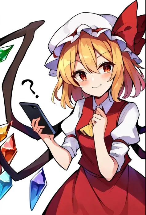 source_anime, (2d), score_9, score_8_up, score_7_up, score_6_up, score_5_up, score_4_up, solo, 1girl, standing, holding phone, looking at phone, :o, flandre_scarlet_touhou, blonde_hair, wings, red_eyes, crystal, bangs, hat, one_side_up, ribbon, mob_cap, bo...