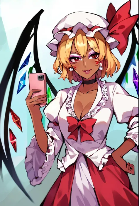 ource_anime, (2d), score_9, score_8_up, score_7_up, score_6_up, score_5_up, score_4_up, solo, 1girl, standing, holding phone, looking at phone, hand on hip, ganguro, dark skin, makeup, magenta lips, magenta eyeshadow, jewelry, choker, facial mark, jewelry,...