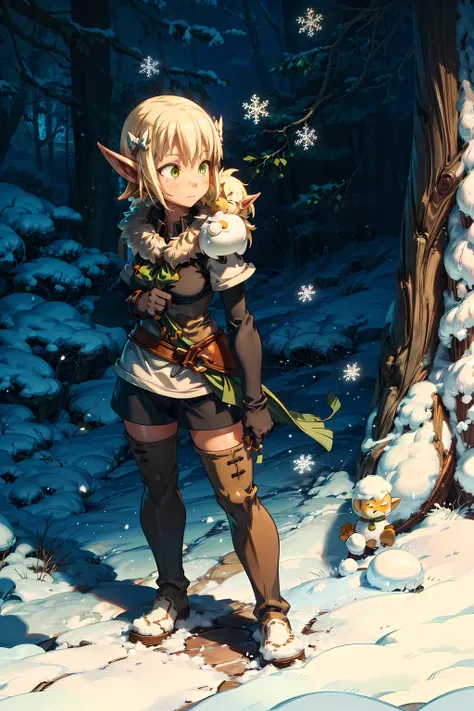 she is standing under the snow with cold fur clothes, snowflake, snowy tree, green bow in hand, elf, green eyes, blond, cra, eva, evangeline, wakfu, brown and black lether clothes