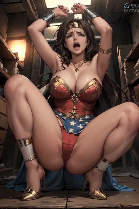 ((Wonder Woman IN THE  TORTURE CHAMBER)) ,((SUPERHEROINE WONDERWOMAN É UMA VELHA PROSTITUTA IMUNDA, prostitution)), ((emotional expression,expression of pain and despair, gritando de dor, expression of suffering, olhos arregalados)),(Wonder Woman is crouch...