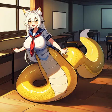 1girl, lamia, yellow scales, silky tail, school, classroom, gigantic breasts, white hair, fox ears, happy, best quality, 4k, 8k,...