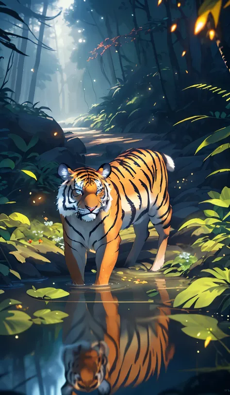 Masterpiece, best quality (highly detailed CG unity 8k wallpaper), (best quality), (best illustration), (better shadows), luminous deer, with a glowing tiger, in a drinking water lagoon, natural elements in the forest theme.  Mysterious forest, beautiful f...