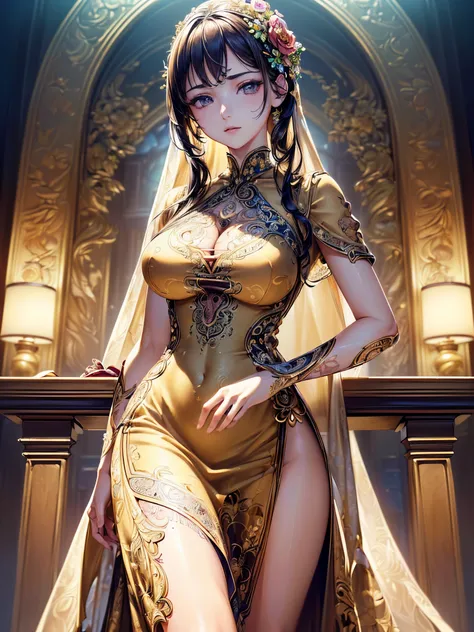 ((highest quality)),(Ultra-high resolution),(Very detailed),(Detailed Description),((The best CG)),(A masterpiece),Ultra-precise art,amazing drawing art,(Art with precise detail:1.5), (woman:1.4), (A front-open dress with detailed and detailed depictions:1...