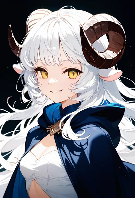 (score_9, score_8_up, score_7_up), 1girl, solo, sheep horns, curled horns, black horns, white sheep ears, white hair, long hair, hime cut, long bangs, sheep horns, curled horns, yellow eyes, evil smile, smug, :>, small breasts, standing, hooded cultist clo...
