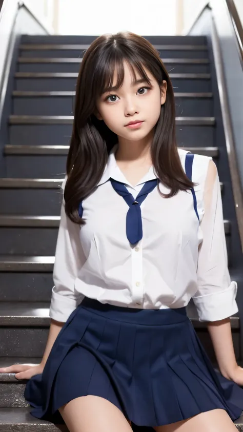 Best-quality, Masterpiece, Ultra-High-Resolution, (Photorealistic:1.4), Raw-Photo, depth of field, professional-lighting, from below, cowboy-shot, 1girl, 15-years-old, the most famous Japanese idol, at school stairway, solo, wearing white panties under nav...